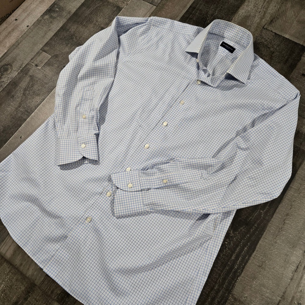 Proper Cloth Mens Luxury Dress Shirt Blue Tan Check Plaid Spread Collar LS